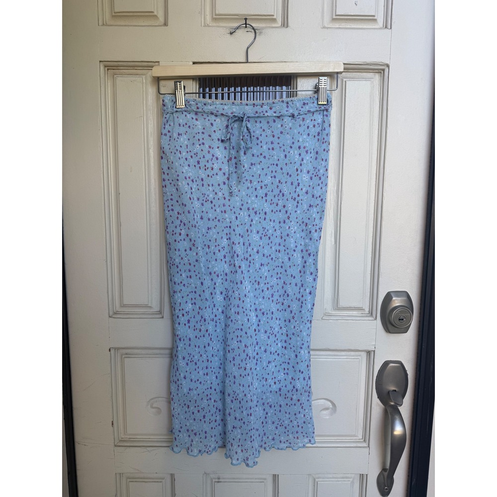 Vintage Forever 21 Blue Floral Midi Skirt Lettuce Hem Rayon Lined USA Made